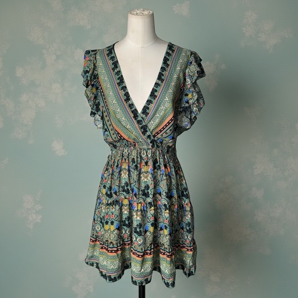 ICÔNE par‎ Simons Boho Floral Mini Dress – Ruffle Sleeve V-Neck Wrap Style